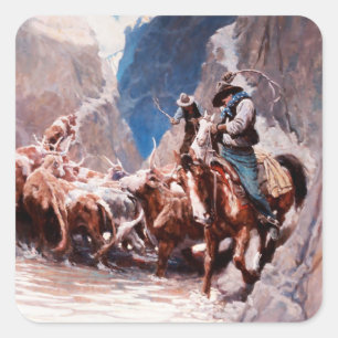 Rinder zusammentreiben in der westlichen Kunst von Quadratischer Aufkleber