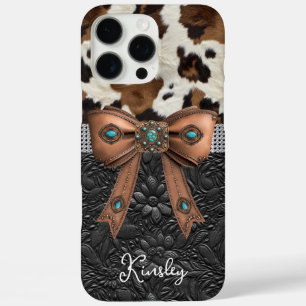Rindleder-Schwarzes-Leder-Juwelen-Bogen iPhone 16 Pro Max Hülle