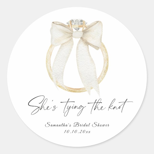 Ring Bow She's tying the knot Bridal Shower Runder Aufkleber (Vorderseite)