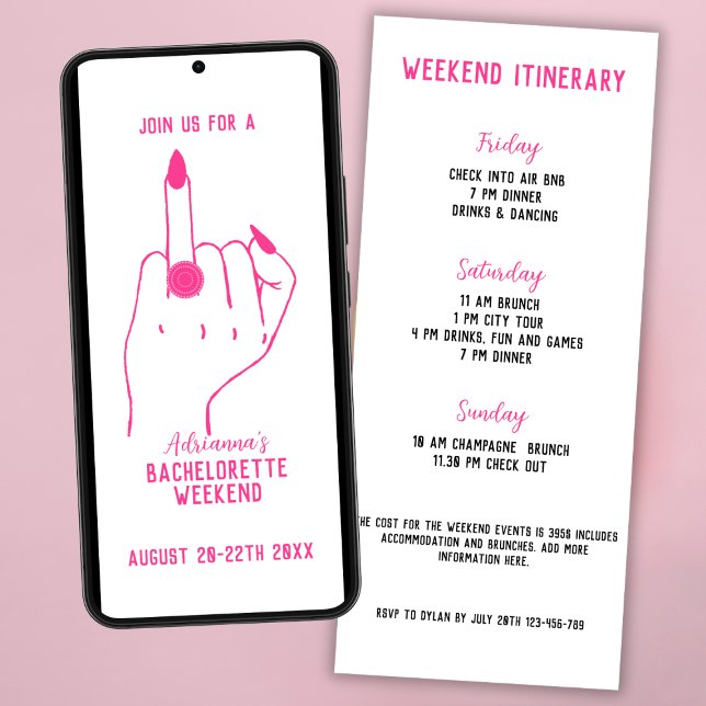 Ring Finger Pink Bachelorette Wochenende Ausflug Einladung (ring finger bachelorette party invitation bold pink weekend itinerary chic modern)