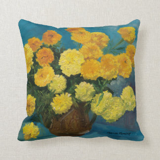 Ringelblumen-Blumenstrauß--Blauer Schutzträger Kissen