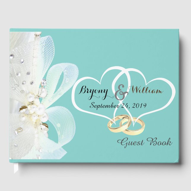 Rings Lace and Pearls Aqua Blue Wedding Gästebuch (Vorderseite)