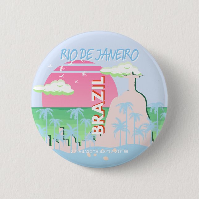 Rio de Janeiro Brasilien Reisen Art Blue Illustrat Button (Vorderseite)
