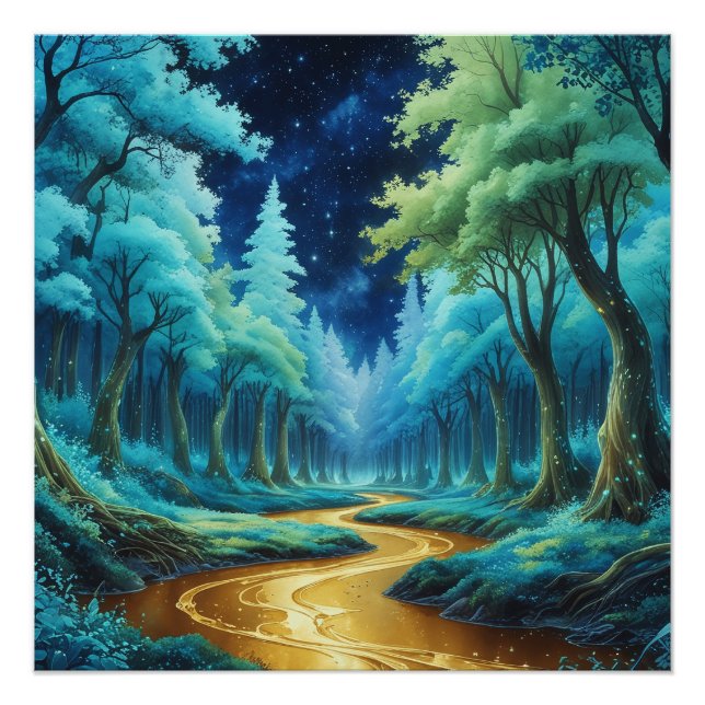 Río de Oro en Bosque de Fantasía - Paisaje Mágico  Poster (Vorderseite)