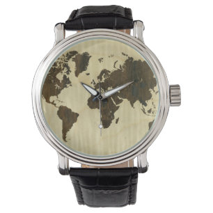 Rio-Rosenholz und gelockte Ahorn-Weltkarte Armbanduhr