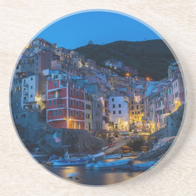 Riomaggiore in der Nacht Cinque Terre Ligurien Ita Sandstein Untersetzer (Vorne)
