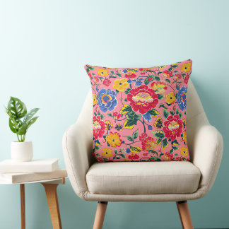 Riotous Pink Chinoierie Peony Floral Throw Kissen