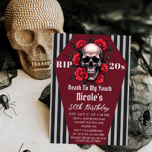 RIP 20er Totenkopf & Rote Rosen Gothic 30. Geburts Einladung