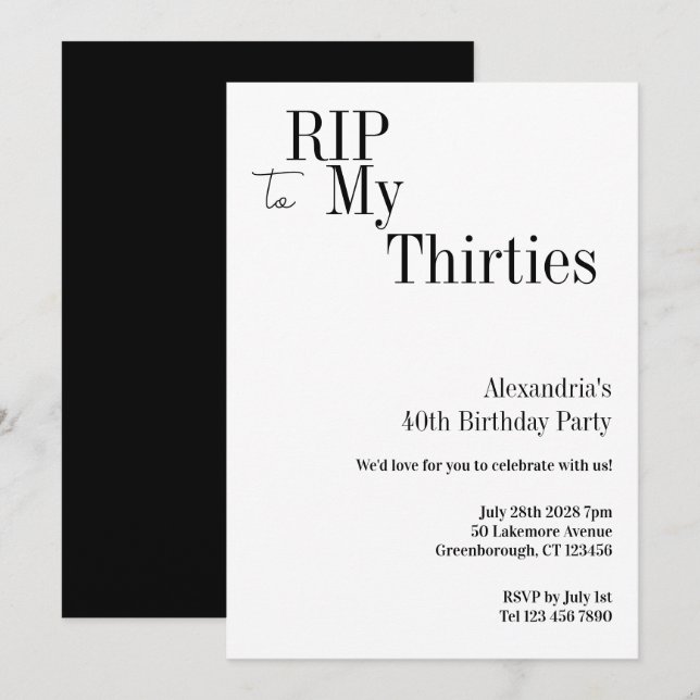 RIP 30s 40th Birthday Minimal Party Einladung (Vorne/Hinten)