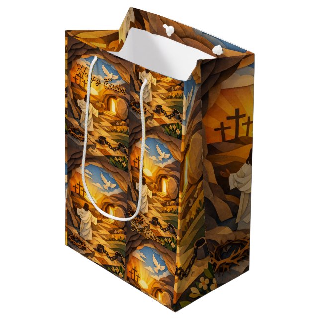 Risen Jesus Empty Tomb 3D Papercut Easter Gift Bag Mittlere Geschenktüte (Vorderseite Schrägansicht)