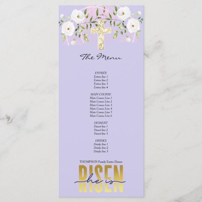 Risen Religious Christlich Zitat Lavender Osterzei Menükarte (Vorderseite)