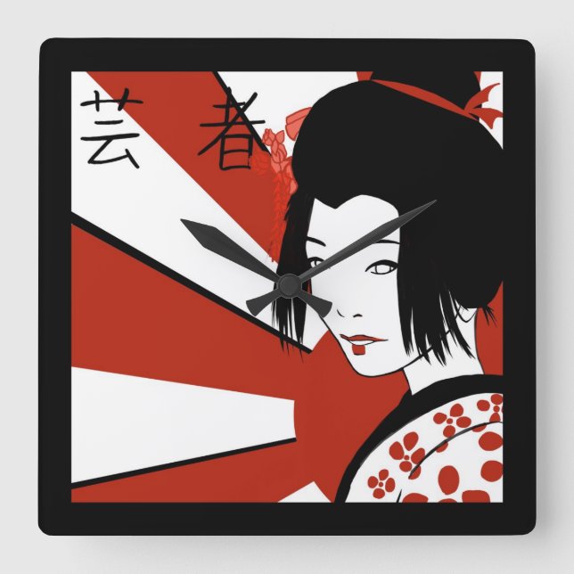 Rising Sun Geisha Quadratische Wanduhr (Vorderseite)