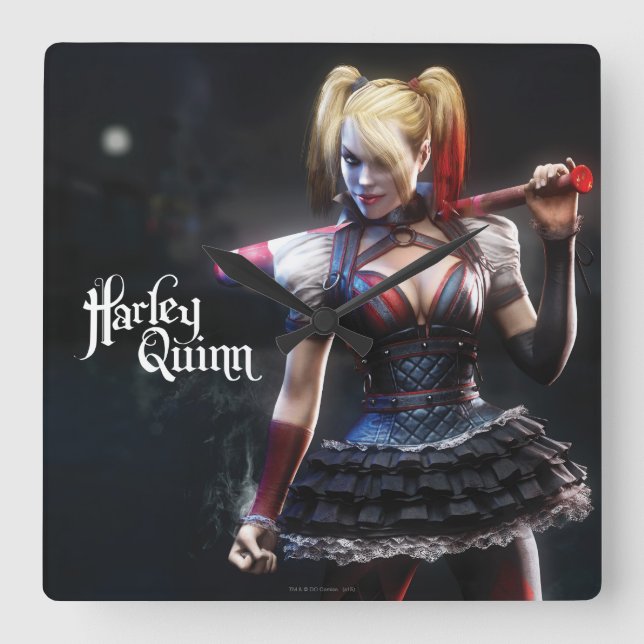 Ritter Batmans Arkham | Harley Quinn mit Schläger Quadratische Wanduhr (Vorderseite)