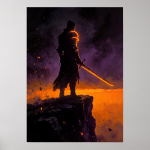 Ritter, der auf einen feuerspeienden Abgrund blick Poster