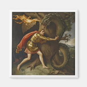 Ritter in goldener Rüstung gegen den Drachen Magnet