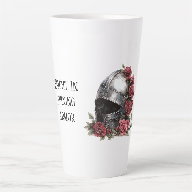 Ritter in schimmernder Rüstung Helm rote Rosen Milchtasse (Vorderseite)