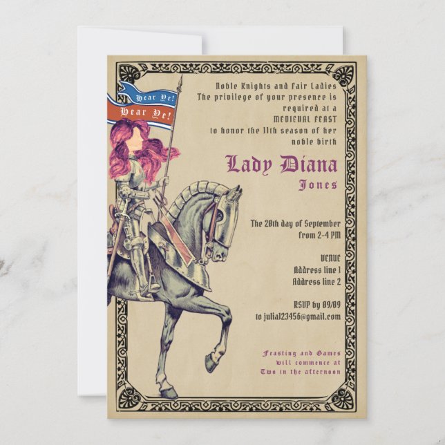 Ritter & Ladys Mittelalterliche Feste & Geburtstag Einladung (Vorderseite)