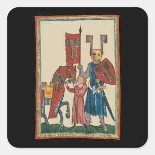 Ritter und Squire, mittelalterliche Kunst des 14.  Quadratischer Aufkleber