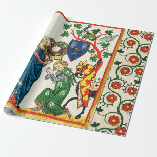 RITTER WIRD VON SEINER DAMEN BEWAFFNET, MITTELALTE GESCHENKPAPIER