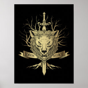 Ritterschwert und Wolfskopf-Emblem Poster