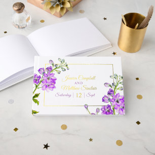 Rittersporn Blumen lila Aquarell Hochzeit Gold Gästebuch