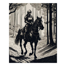Ritterweibchen auf einem Pferd im Wald Poster