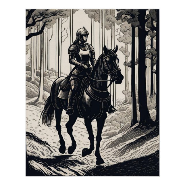 Ritterweibchen auf einem Pferd im Wald Poster (Vorderseite)