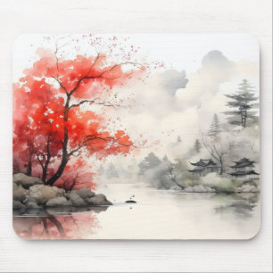 River Bank Tree Asian Ink Painting Mousepad