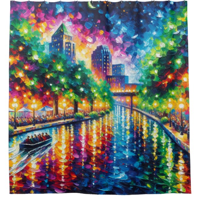 "Riverboat Twilight Tour: San Antonio Riverwalk" Duschvorhang (Vorderseite)