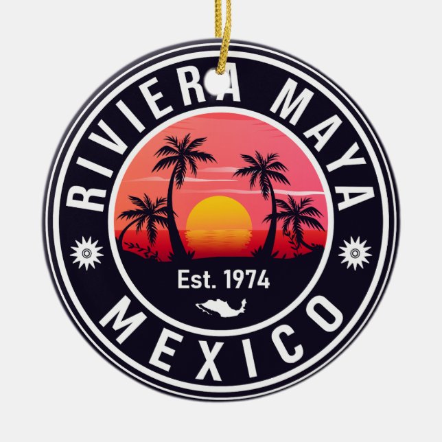 Riviera Maya Mexico Retro Sunset Palm Souvenirs Keramik Ornament (Vorne)