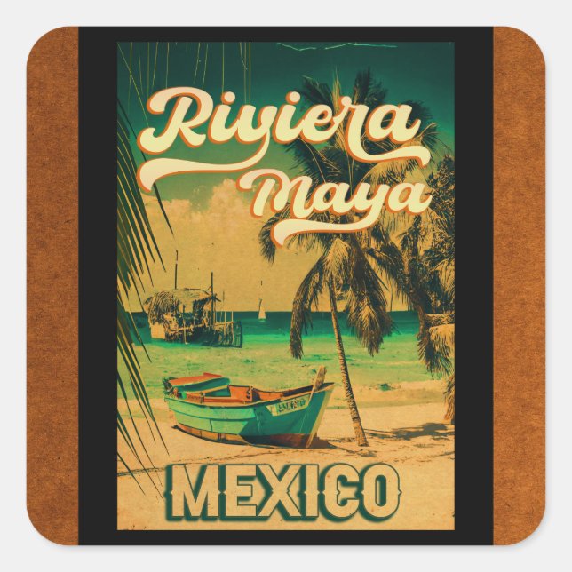 Riviera Maya Postcard Palm Tree Vintage Quadratischer Aufkleber (Vorderseite)
