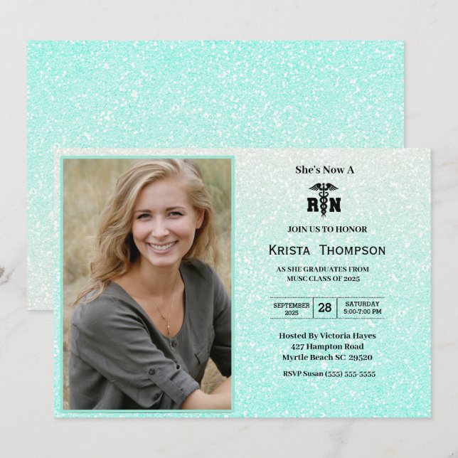RN Graduation Party Foto Mint Green Glitzer Einladung (Vorne/Hinten)