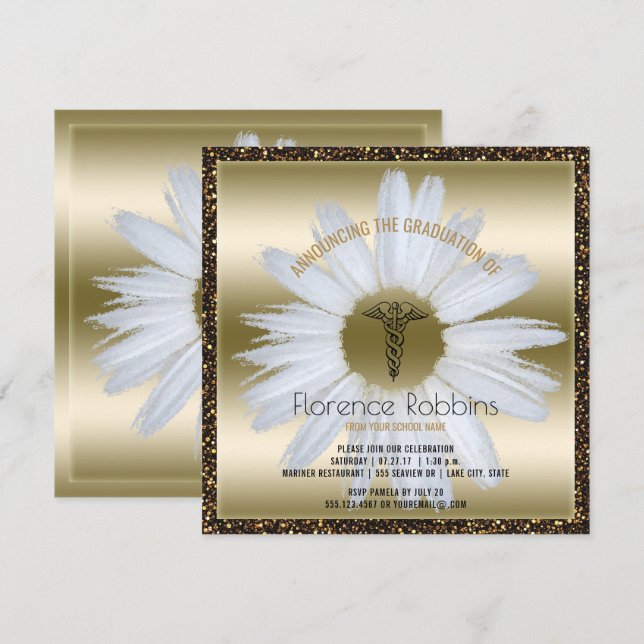 RN Nurse Abschluss| Gold Daisy Pinning Zeremonie Einladung (Vorne/Hinten)