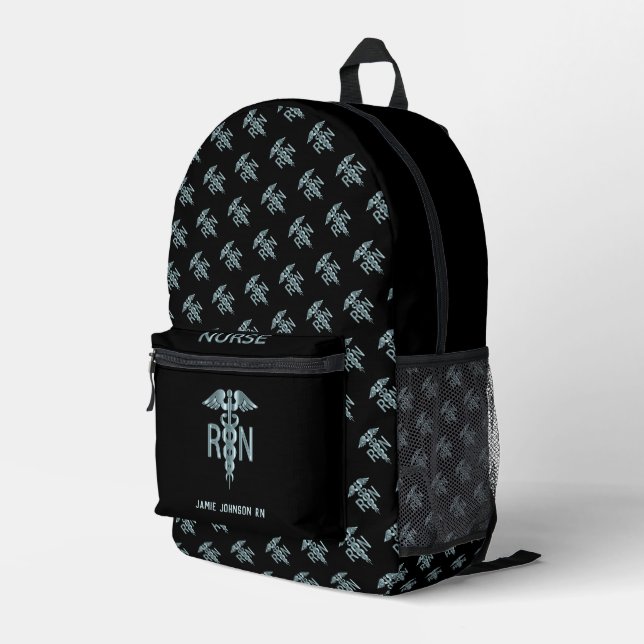 RN Nurse - Blau und Schwarz Bedruckter Rucksack (Rückseitige Ecke Rechts)