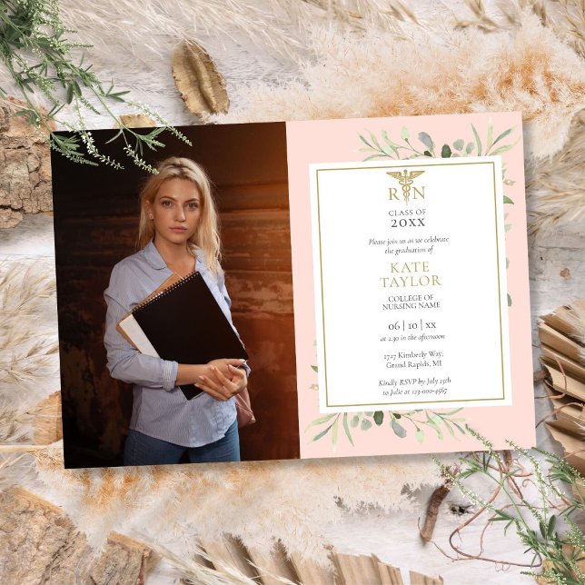 RN Nursing Abschluss Blush Pink Foliage Foto Einladung (RN Nursing Graduation Blush Pink Foliage Photo Invitation)
