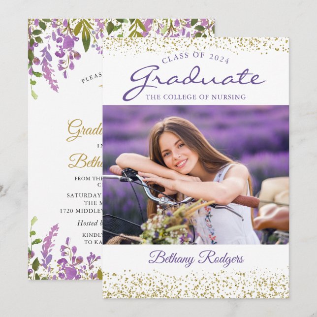 RN Nursing Abschluss Lila Floral Gold Foto Einladung (Vorne/Hinten)