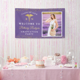 RN Nursing Abschluss Lila Gold Glitzer Foto Banner