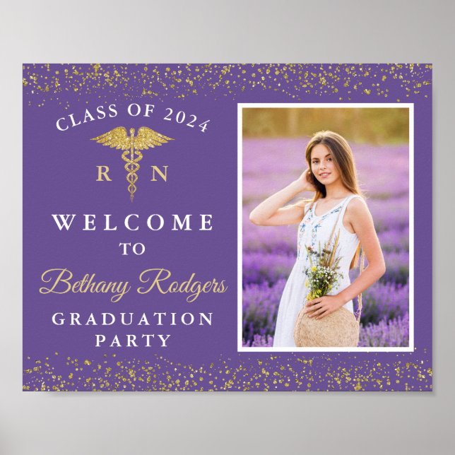RN Nursing Abschluss Lila Gold Glitzer Foto Poster (Vorne)