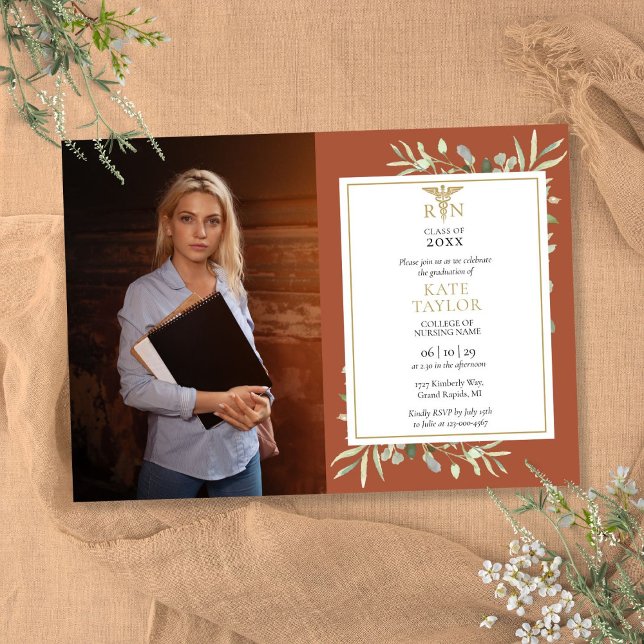 RN Nursing Abschluss Terracotta Foliage Foto Inv. Einladung (RN Nursing Graduation Terracotta Foliage Photo Inv Invitation)
