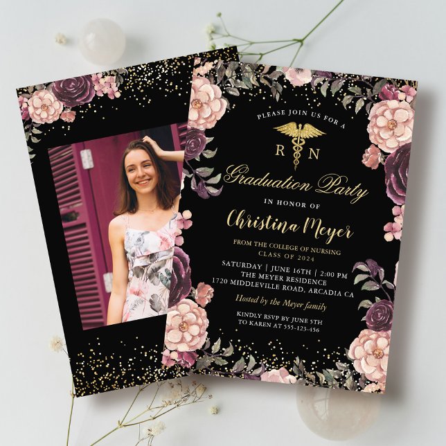 RN Nursing Foto Graduation Party Burgund Floral Einladung (Von Creator hochgeladen)