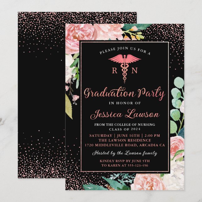 RN Nursing Graduation Party Rose Gold Floral Einladung (Vorne/Hinten)