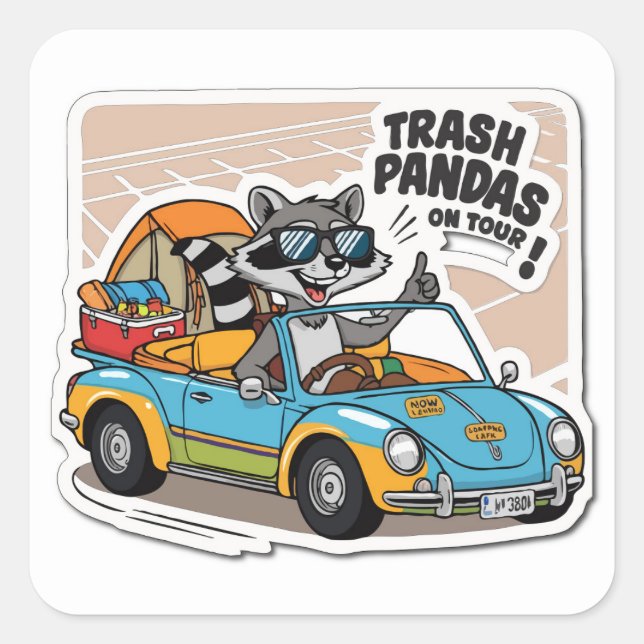 Road Tripping Raccoon - Camping Adventure Pun Meme Quadratischer Aufkleber (Vorderseite)