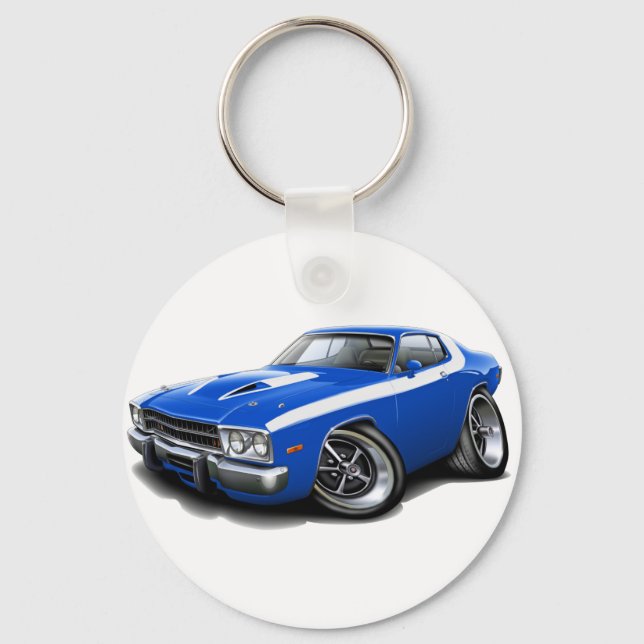 Roadrunner 1973-74 Blauweißes Auto Schlüsselanhänger (Vorderseite)