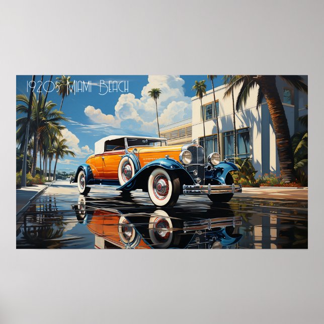 Roadster der 20er Jahre mit Strandbungalow in Miam Poster (Vorne)