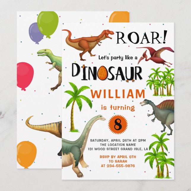 Roar Boys Dinosaur Birthday Jungle Party Einladung (Vorne/Hinten)