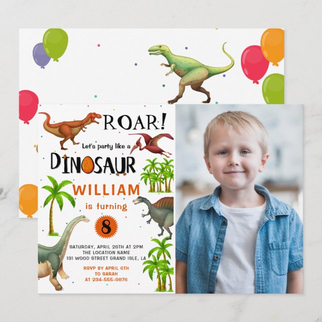 Roar Boys Dinosaur Birthday Jungle Party Foto Einladung (Vorne/Hinten)