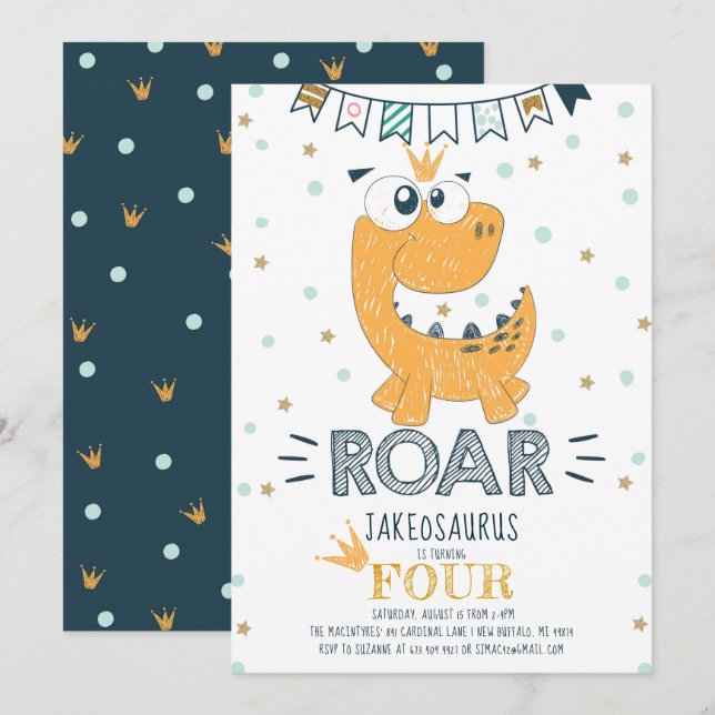 ROAR Dinosaur Birthday Einladung (Vorne/Hinten)
