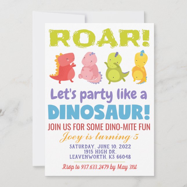 Roar Dinosaur Birthday Einladung (Vorderseite)