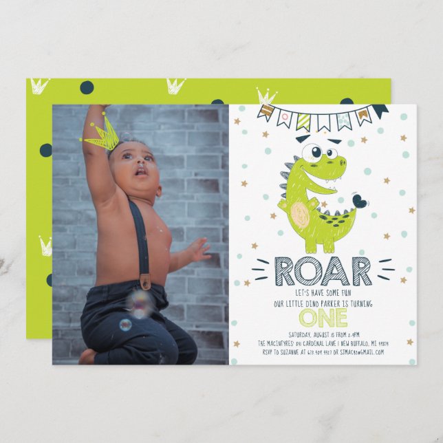 ROAR Dinosaur Erster Geburtstag Foto Einladung (Vorne/Hinten)