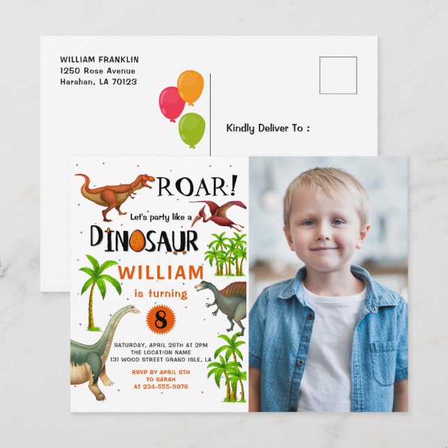 Roar Dinosaur Jungle Anniversaire Photo Invitation (Devant / Derrière)